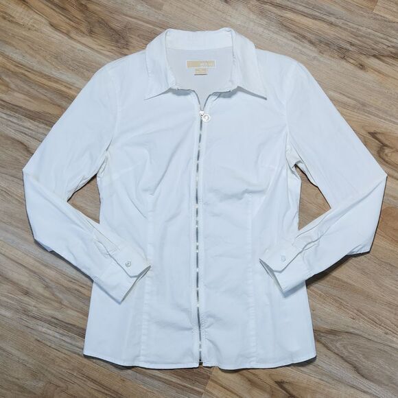 💜Michael Kors White Zippered Front Long Sleeve Top Size 10 - Picture 1 of 10